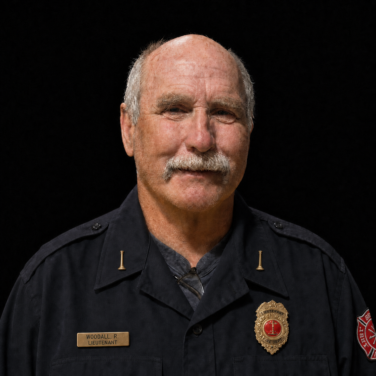 Lieutenant Rick Woodall in a dark department uniform with brass insignia and a department badge against a black background