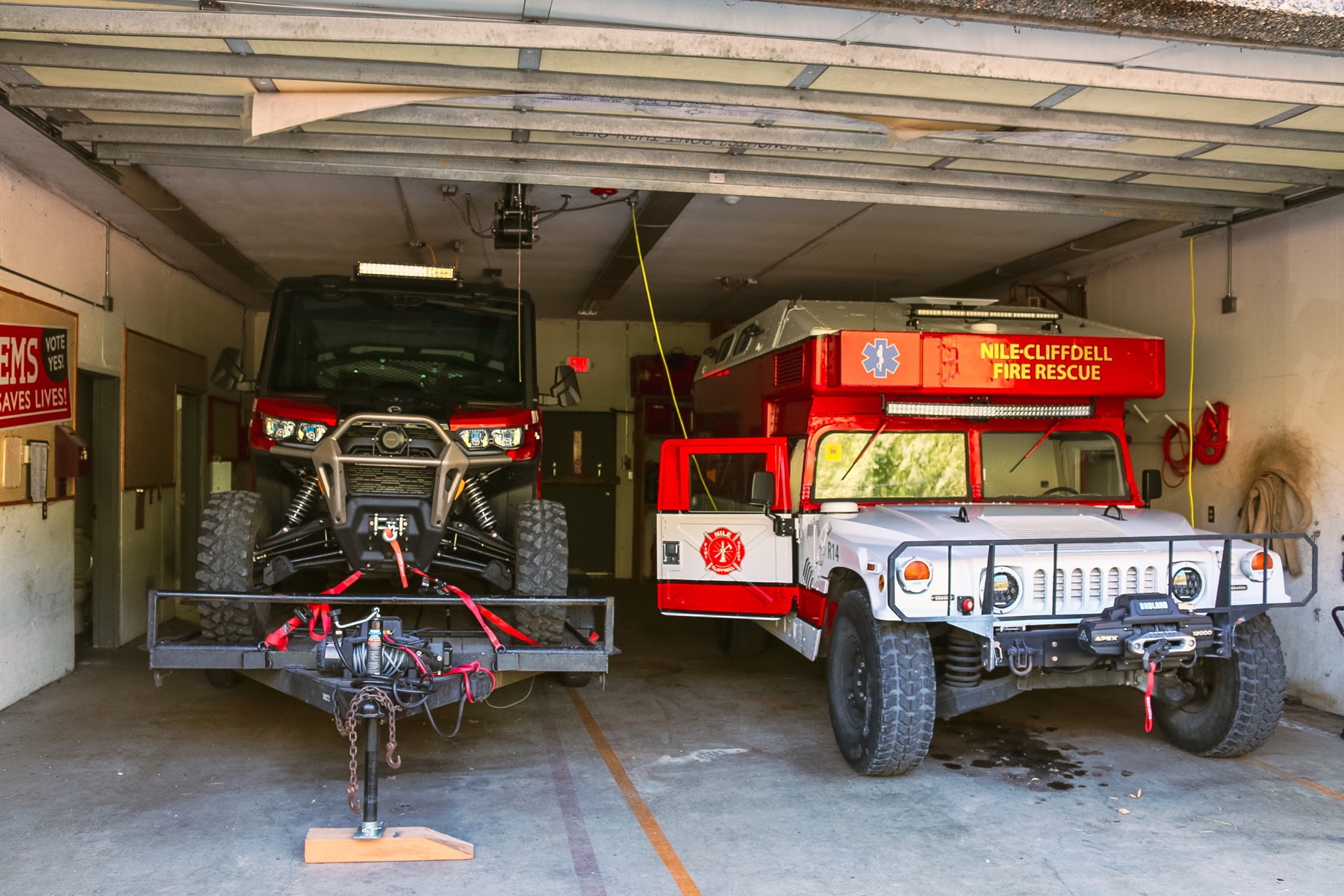 Station 14 technical-rescue bay with UTV 14 Desmond and Rescue 14 Hawkeye